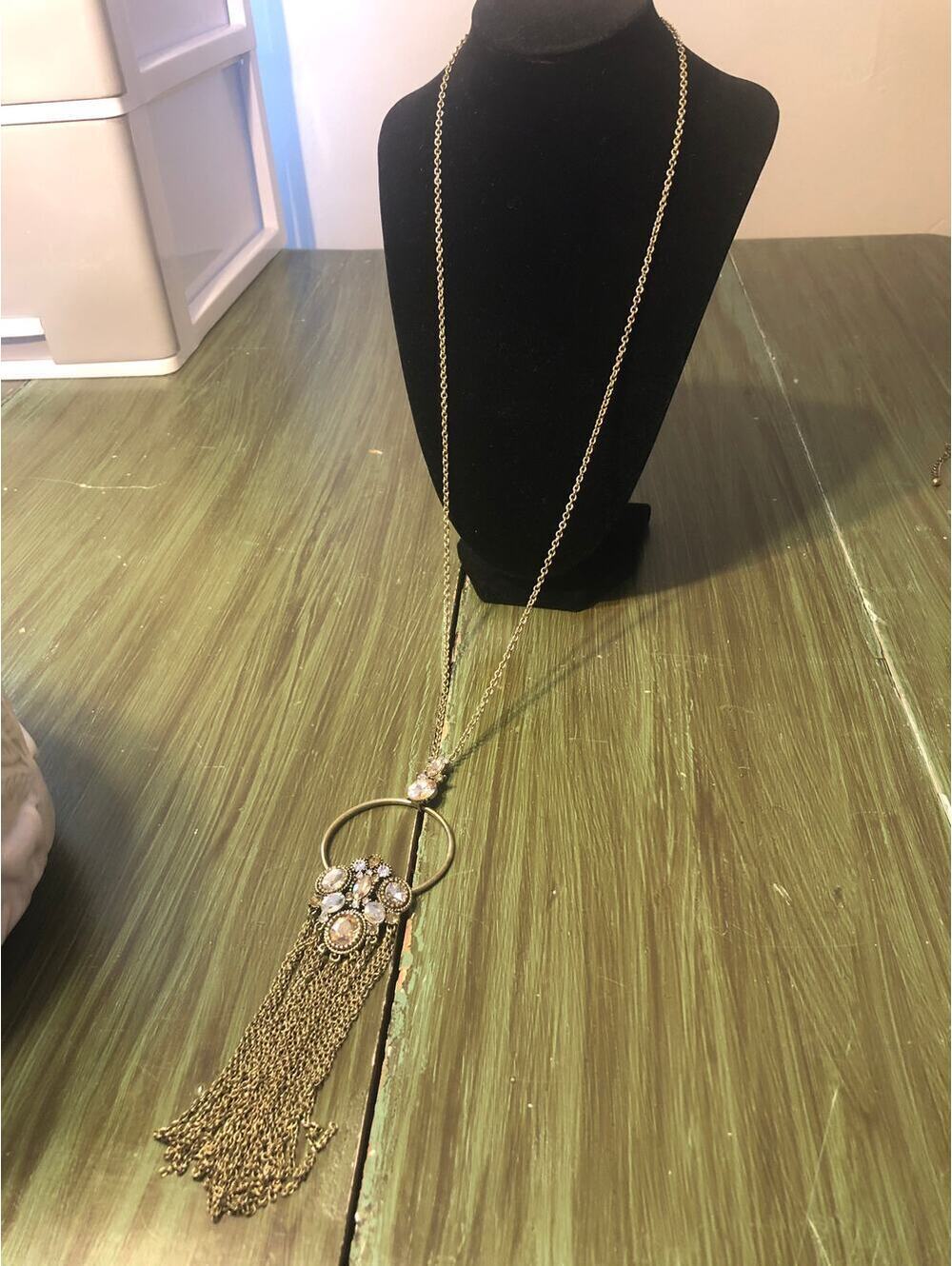 Vintage Long Gold Tone Boho Glam Circle Stone Pendant with Gold Tassel